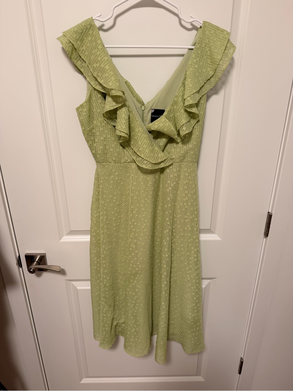 Maison Tara Light Green Ruffle V-Neck Midi Dress